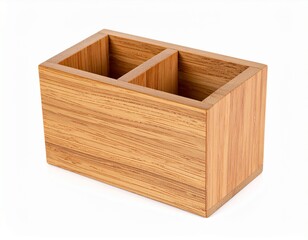 Two-sectioned wooden container with visible grain pattern on a white surface, simple and practical
