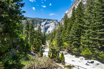 Yosemite National Park Vernal Falls, Nevada Falls, Emerald Pool, Mist Trail, and Charles Point in the Spring of 2025 with the stream and falls raging from snow melt