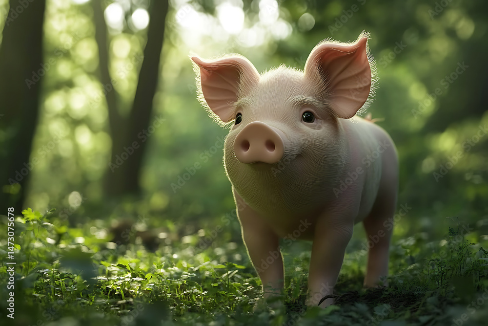 Poster a curious piglet exploring a lush forest, surrounded by greenery and soft sunlight filtering through