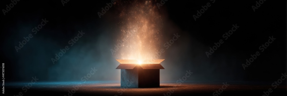 Poster opening a mysterious box reveals a radiant light in a darkened atmosphere with enchanting glow effec