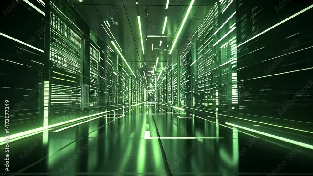 Poster futuristic digital corridor with green lights and technology creating high tech atmosphere