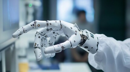 Stock photo concept: A futuristic prosthetics company where ai designs advanced robotic limbs for patients