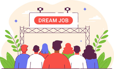 A crowd of people faces a large screen displaying "DREAM JOB," suggesting a job fair, career seminar, or the pursuit of ideal employment.