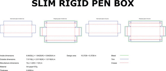 Detailed engineering blueprint illustration of slim rigid pen box with dimensions and folding lines for design purposes