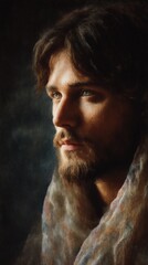 Portrait of Christ made in cross stitch, colored threads on a fabric