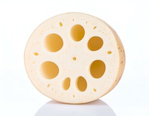 Fototapeta premium Close-up of a sliced lotus root against a white background. The image showcases the unique porous texture and pale yellow-white color of the root.