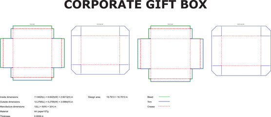 Detailed illustration of a corporate gift box template design showing measurements and structural guidelines for packaging