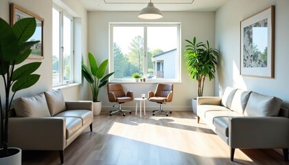 Modern, clean dentist office waiting area with comfortable seating and natural light , sterile, reception, smile