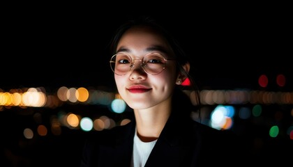 Woman in glasses at night
