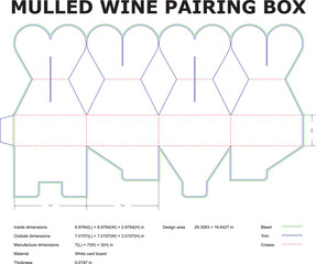 Detailed technical diagram of a white card board mulled wine pairing gift box design with dimensions for crafting