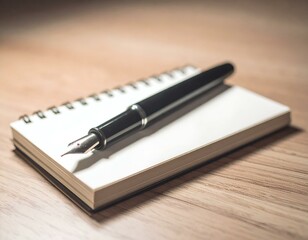 Elegant fountain pen rests on a blank spiral notebook, on a wooden desk.  Perfect for concepts of writing, planning, or business.