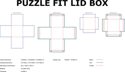 Detailed schematic diagrams showcasing various aspects of puzzle fit lid box designs with measurements and material specifications for packaging and crafting.