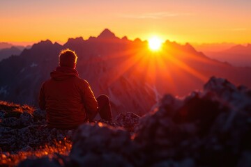 Obraz premium Man watching sunset mountain