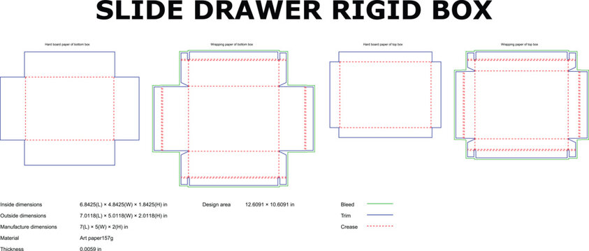 Detailed slide drawer rigid box packaging vector design showing dimensions, folds, and cuts for manufacturing purposes in engineering