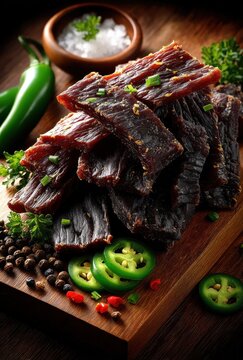 Delicious and Savory Beef Jerky Stacked on Wooden Board with Fresh Peppers and Spices in Attractive Setting for Gourmet Food Photography