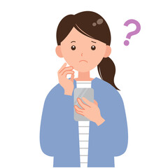 スマホを手に持ち悩む女性のイラスト