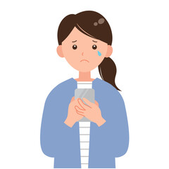 スマホを手に持ち涙ぐむ女性のイラスト