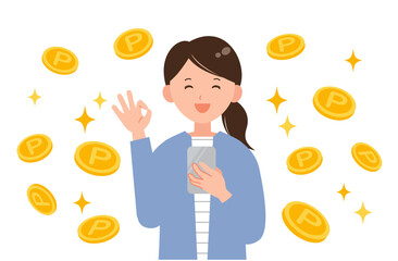 スマホでポイ活をする笑顔の女性イラスト