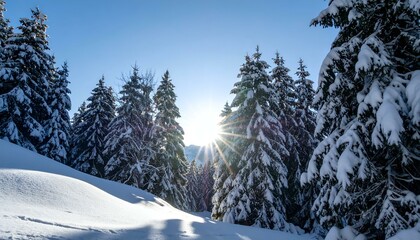 Sun shining through snow-covered pine trees in a winter wonderland.