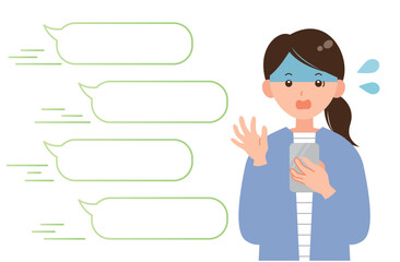 スマホでの会話スピードに慌てる女性のイラスト