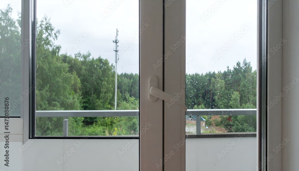 Poster rainy day view from a balcony door. green trees and a cell tower are visible through the wet window.