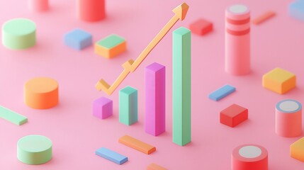 Minimal Style Original Background Showing 3d Business Growth Icon With Upward Chart and Abstract Graphic Elements Symbolizing Development and Investment