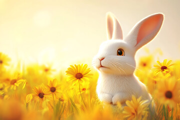 Fototapeta premium Adorable white rabbit sitting in a vibrant field of yellow flowers under a warm sun