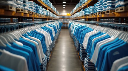 Obraz premium Retail Clothing Aisles. Rows of blue and white shirts on hangers and shelves