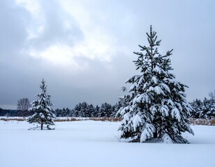Obraz premium Snow-covered pine trees in a winter landscape. Peaceful snowy scene.