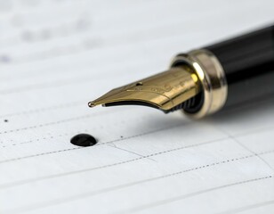 Fototapeta premium Close-up of a fountain pen nib on lined paper with a drop of ink.