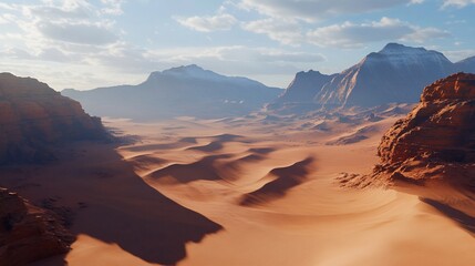 Naklejka premium Majestic Desert Landscape with Sand Dunes and Distant Mountains under Cloudy Skies