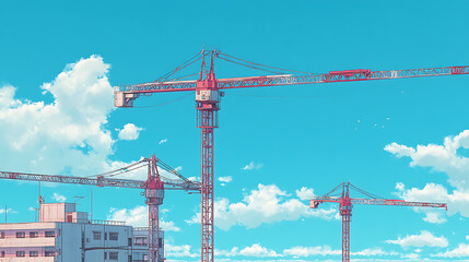 Construction cranes towering over a cityscape under a bright blue sky with fluffy clouds