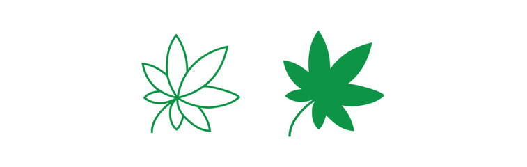  Cannabis Leaf Silhouette, Flat, Outline Icon Set Closeup Isolated. Growing Medical Marijuana. Vector Illustration