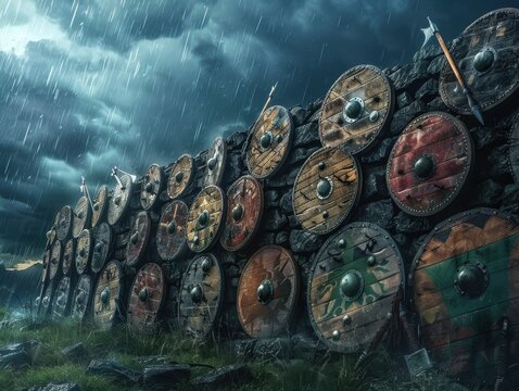 Viking shield wall formation, detailed weapons against a stormy nordic backdrop, dramatic lighting, battle ready poses.