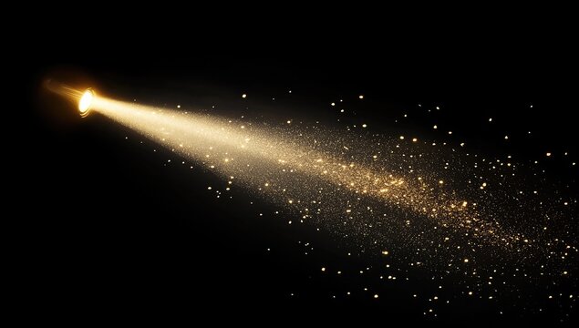 Golden light beam trails through space, filled with glittering particles