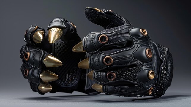 Urban combat gloves with brass knuckle reinforcement matte black finish aggressive design studio shot with rim lighting hands.