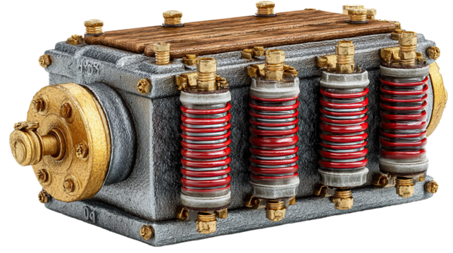 Industrial Component: A meticulously crafted depiction of a robust industrial component. Its intricate design and metallic textures, coupled with the interplay of wood.