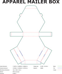 Detailed technical drawing showcasing an apparel mailer box die cut with dimensions and specifications for easy manufacturing.