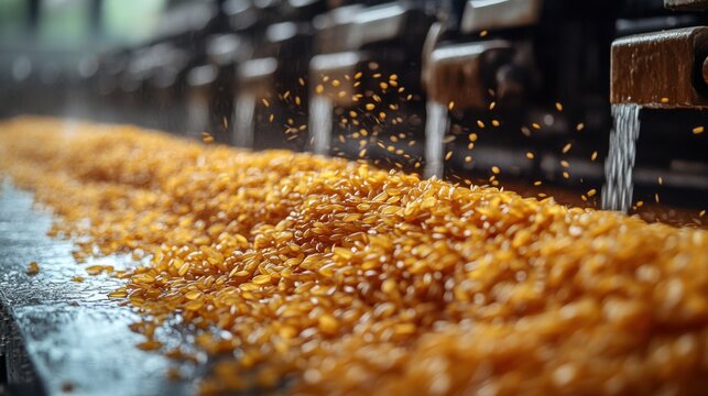 Grain Seeds on Conveyor Belt with Industrial Machinery