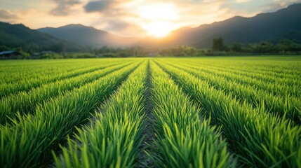 Green Rice Field Rows with Mountains and Sunset