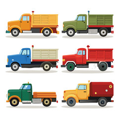 Six classic flatbed transport isolated on white background