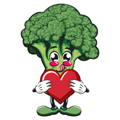 Cute broccoli vegatable vektor illustration mascot character holding a big heart, work of hand drawn