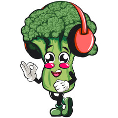 Cute broccoli vegatable vektor illustration mascot character listening to headset while dancing, work of hand drawn