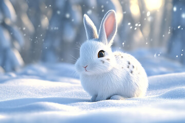 Adorable white rabbit sitting in a snowy landscape, surrounded by softly falling snowflakes
