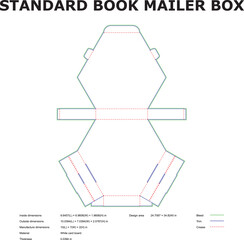 Detailed standard book mailer box die-cut template with dimensions and specifications for packaging and design layout.