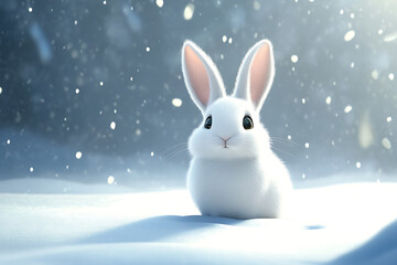 A fluffy white rabbit sitting in soft snow under a serene winter sky with gentle snowfall