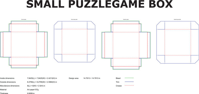 Detailed diagram illustrating a small puzzle game box template with dimensions and design specifications for production
