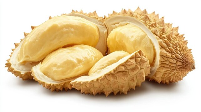 Fresh durian opened showing soft yellow creamy pulp isolated on pure white background ultra-detailed food stock image
