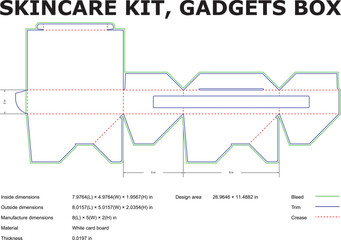 A detailed schematic diagram of a skincare kit or gadgets box packaging design with dimensions and measurements included.