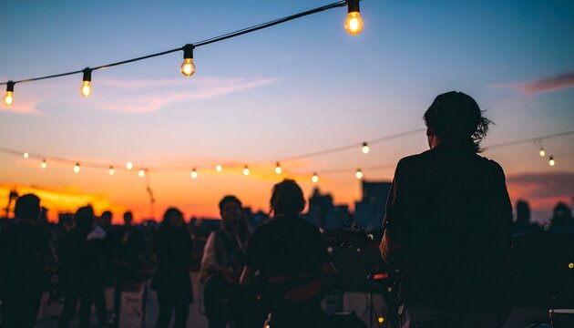 Silhouetted musician at sunset rooftop party with string lights and cityscape background.  Image depicts a relaxed, enjoyable atmosphere.
